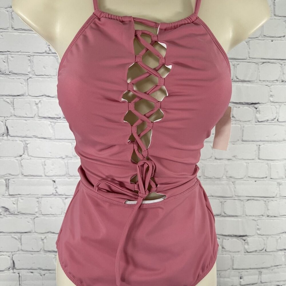 NWT Perla Negra Mauve Crisscross Deep V One piece suit Swimwear Womenโs M